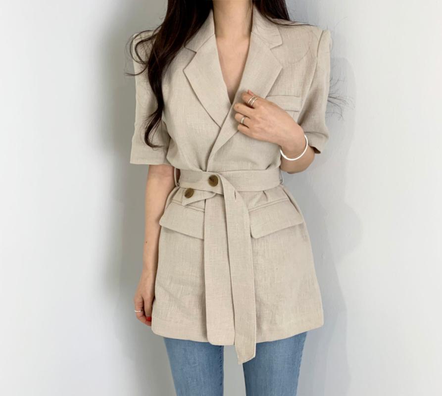 

Women's Jackets Coats & Casual Turn Down Collar Short Sleeve Summer Jacket With Belt Loose Waist Adjustable Vintage Temperament Fashion, Black;brown