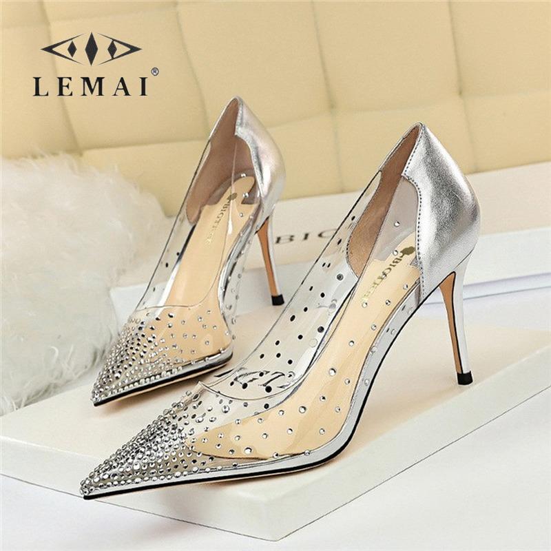 

Dress Shoes Pointed Toe Women Pumps Sexy Nightclub Transparent Hollow High-heeled Ladies Crystal Elegant Wedding Stiletto, Black