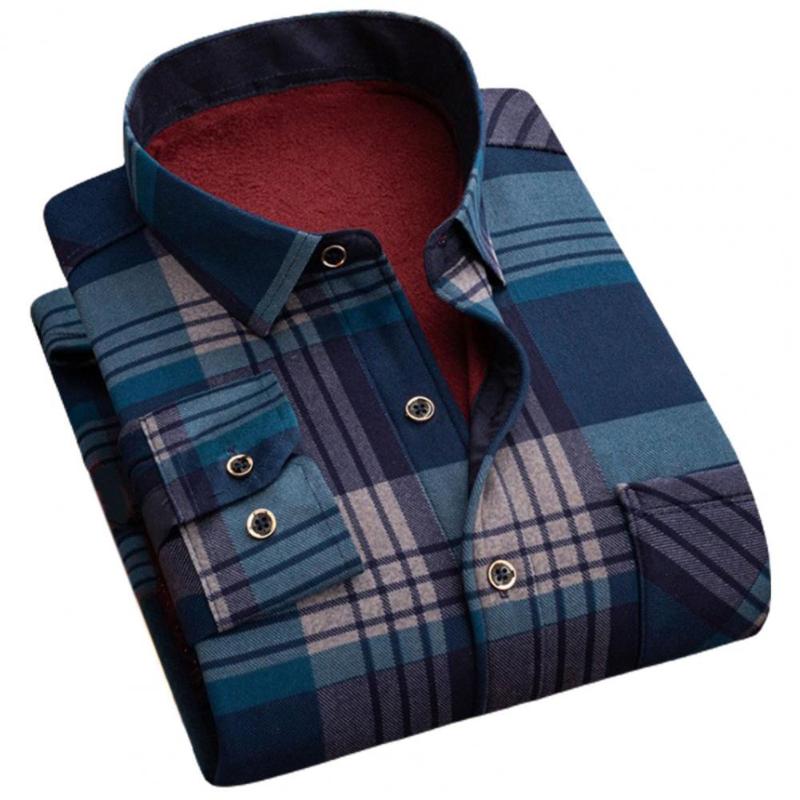 

Men's Casual Shirts 2021 Men Fleece Shirt Autumn Winter Male Long Sleeve Plaid Thick Lined Soft Flannel Warm Dress, Beige