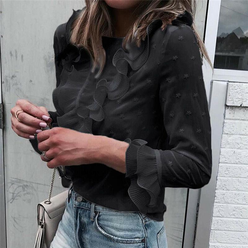 

Women's T-Shirt Fashion Womens Autumn Long Sleeve Pure Casual Ruffles Round Neck T Shirt Ladies Loose Butterfly Tops Bottom, White