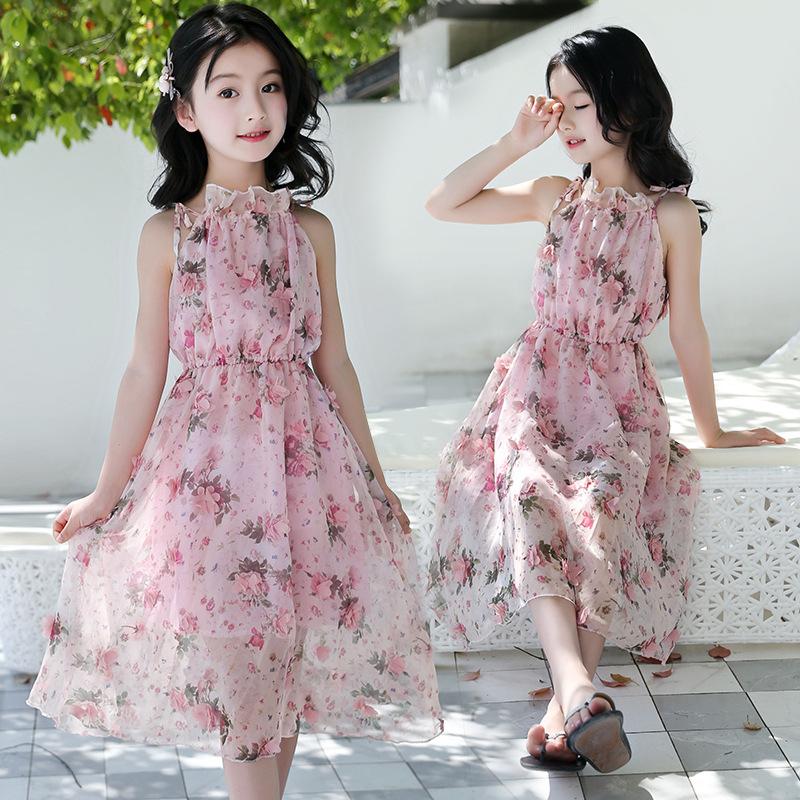 

Girl's Dresses Kids Brand Girls Pink Dress Korean Elegant Chiffon Princess Bundle Waist Beach For Wedding Party Flower