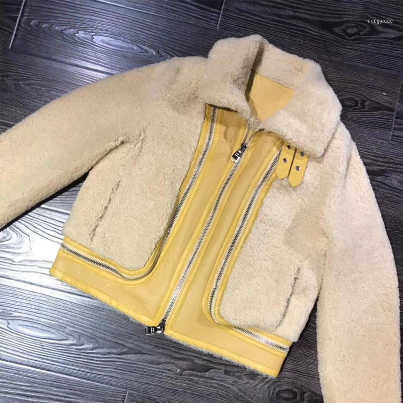 

Women's Leather & Faux Shearling Jacket Ladies Merino Fur Women Real Lambskin1, Beige