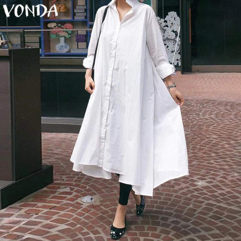 

2021vonda elegant office ladies dress women turn-down collar asymmetrical party dress womensundress casual vestido plus size, Black;gray
