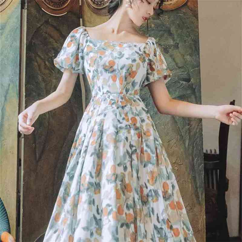 

Woman Chiffon Print Dress Vintage Summer Lantern Short Sleeve Tunic Midi Fit and Flare Square Collar Vestidos De Fiesta 210603, Blue