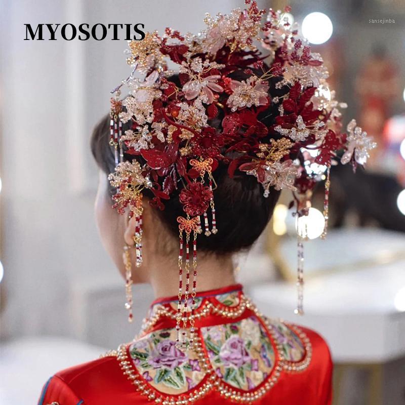 

Hair Clips & Barrettes Vintage Chinese Wedding Crown Big Size Red Clear Flower Costoume Stage Show Headbands Accessories