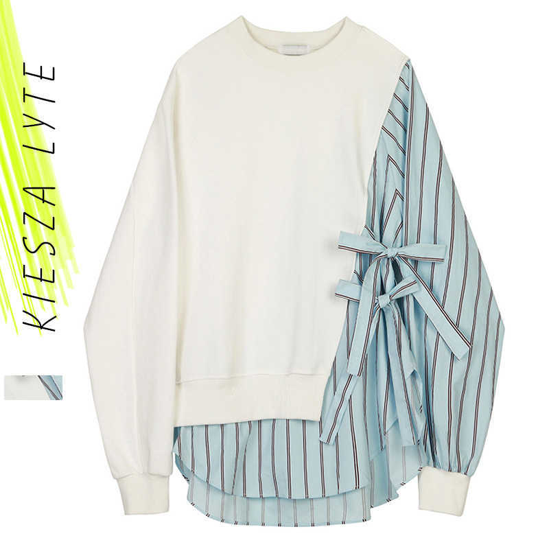 

Loose Fit Striped Spliced Hit Color Sweatshirt Round Neck Long Sleeve Women Big Size Fashion Spring Autumn 210608, Stripe and white