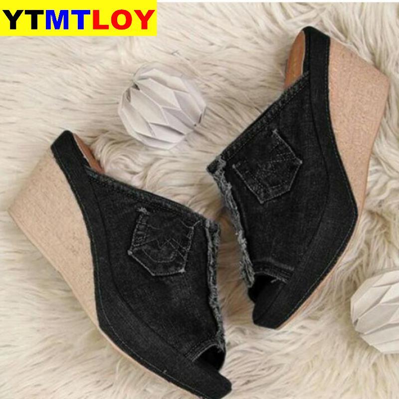 

Women Sandals New Female Shoes Woman Summer Wedge Comfortable Ladies Slip-on Flat Sandalias Denim Platform Wedges High Heel K78, Black