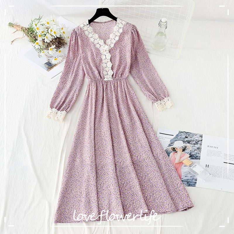 

Fashion Women's French Vintage Dress Women Elegant Lace V Neck Long-Sleeved Chiffon Floral Dresses Mid-calf Vestidos 210521, Floral 6