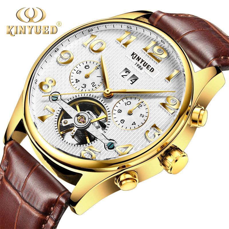 

Wristwatches KINYUED BRAND MEN QUTOMATIC WATCH LEATHER DESIGN AS GIFT, Goldblack