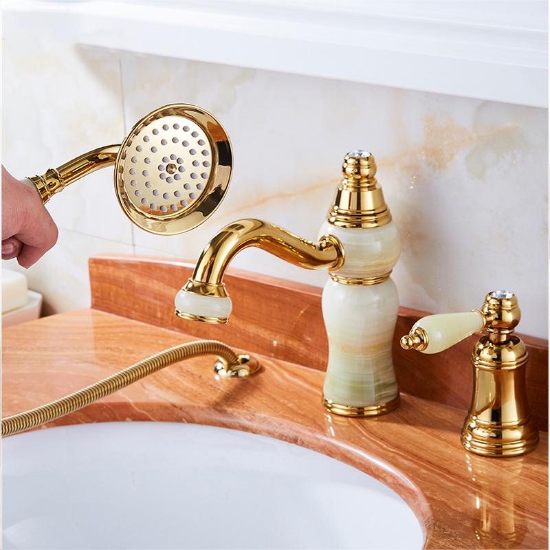 

Bathroom Sink Faucets Bathtub Faucet Pull Out Jade Three Holes Wash Basin With Hand Shower Mixer & Cold Taps