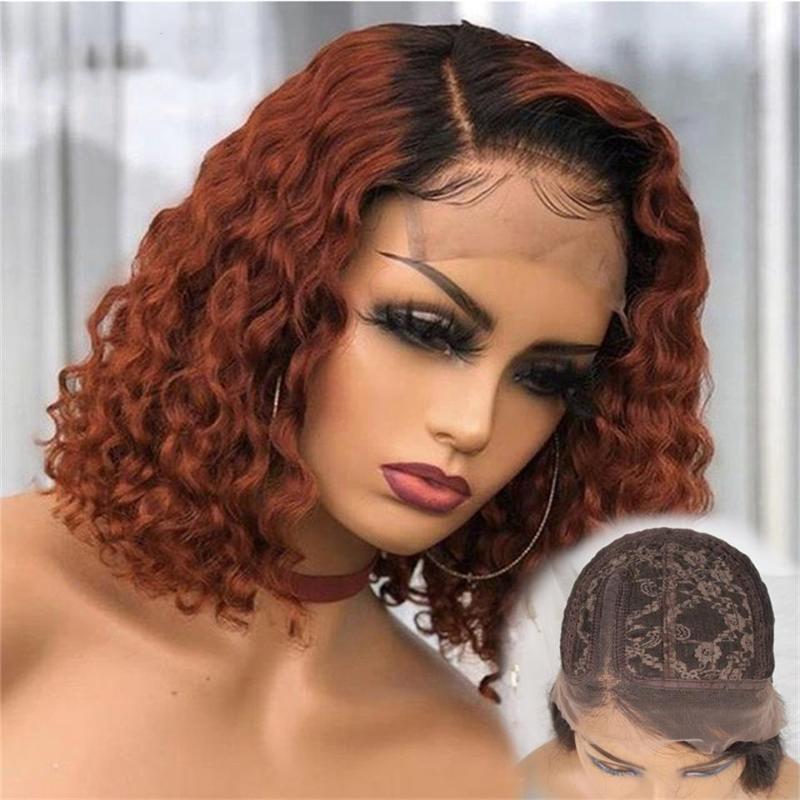 

Lace Wigs CHANGJIN Ombre Colored T Part Human Hair For Women Short Curly Brazilian Remy Perruque With Natural PrePlucked Hairlin, Black;brown