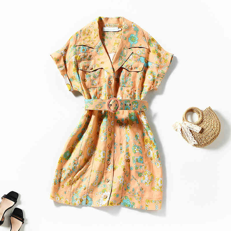 

Casual Dresses early spring Shenzhen Nanyou high end women' printed linen dress single breasted cardigan belt skirt PUA4, Yellow
