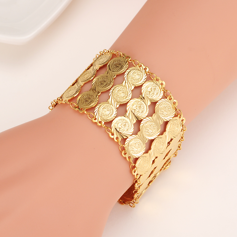 Arab Bracelet Women 18 K Solid G/F Gold Coins Bangle Islam Middle East Chain Jewelry 190+ 30 MM 35mm Wide-image-670753466