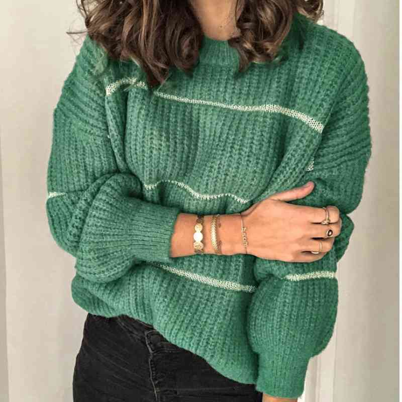 

Fashion Women Striped Sweater Autumn Winter O Neck Long Sleeve Sweaters Loose Knit Pullovers Patchwork Pull Femme Jersey Mujer 210603, Green