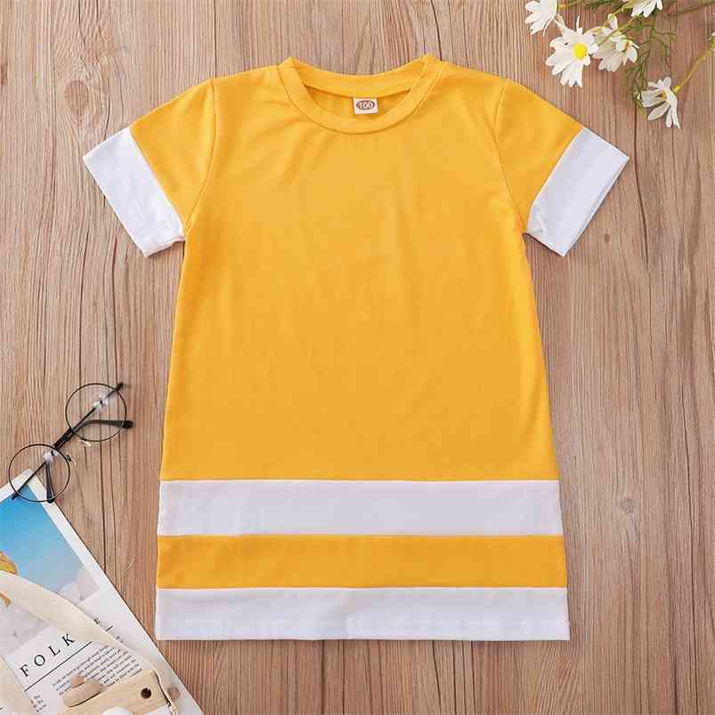 

Summer Children Short Sleeve O Neck Patchwork Yellow Cute Baby Girl Or Boys Long T-shirt 1-8T 210629