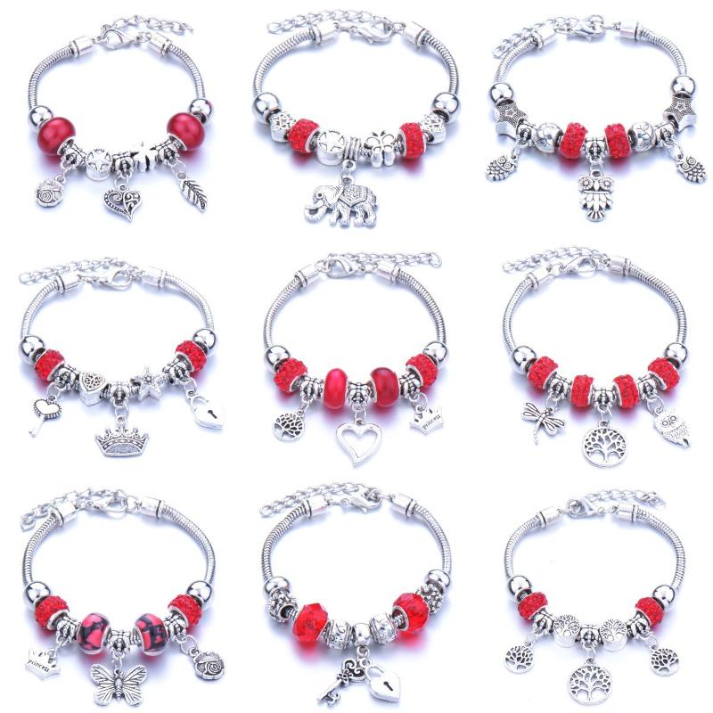 

High Quality Red Lobster Buckle Snake Chain Bangles Beaded Bracelet Fit Jewelry Butterfly Flower Crown Shape Charm Bracelets, Golden;silver