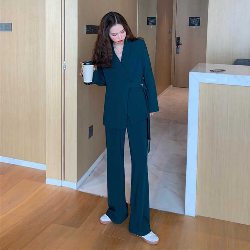 

Autumn plus size women's elegant suit pants two-piece female Loose solid color ladies jacket Casual high waist trousers 210527
