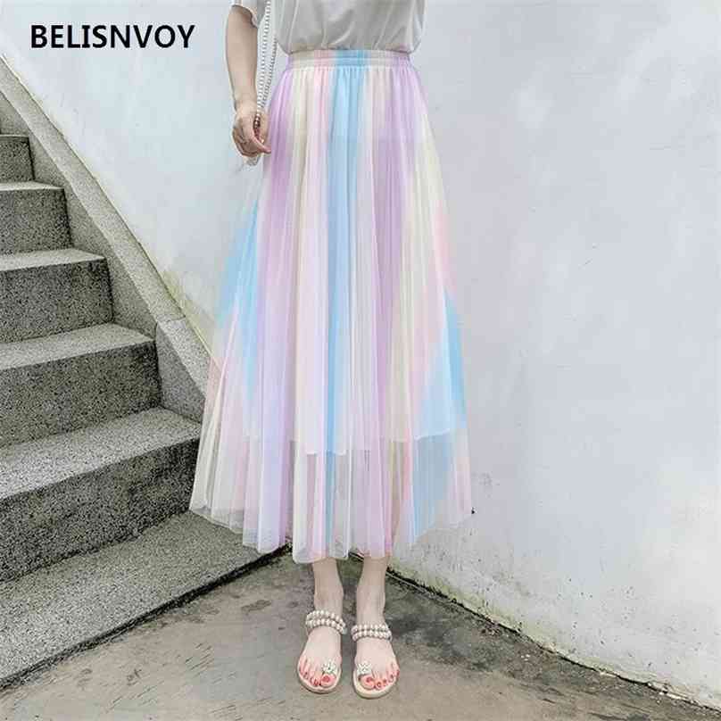 

Spring Summer Women Long Skirt High Waist Pastel Rainbow Mesh Elegant Sweet Holiday Tulle Pleated s 210520, Multi