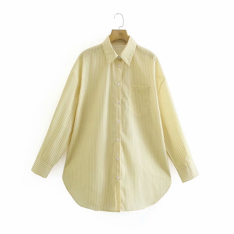 

Casual Plus Size Loose Blouse Spring Long Sleeve Striped Shirts Women Turn Down Collar Pocket Tops Female NX2134 210525, Light yellow