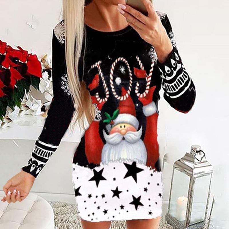 

Casual Dresses Autumn Winter Sexy Bodycon Christmas Women Santa Print A-line Mini Dress Ladies Xmas Party Night Vestido De Mujer, Black;gray