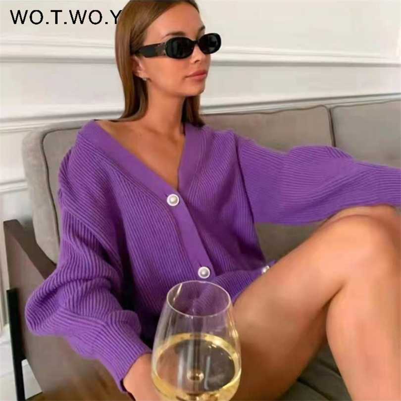 

WOTWOY Casual V-neck Knitted Oversize Cardigan Women Buttons Loose Lantern Sleeve Sweaters Female Basic White Autumn Winter Tops 211018, 365142-pink
