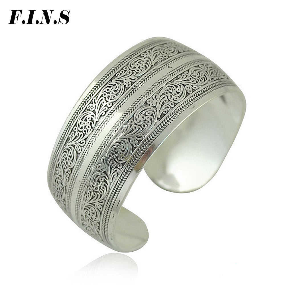 

F.i.n.s Vintage Gypsy Bangles Ethnic Zinc Alloy Boho Jewelry Antique Silver Color Carved Statement Wide Cuff Bracelets for Women Q0719