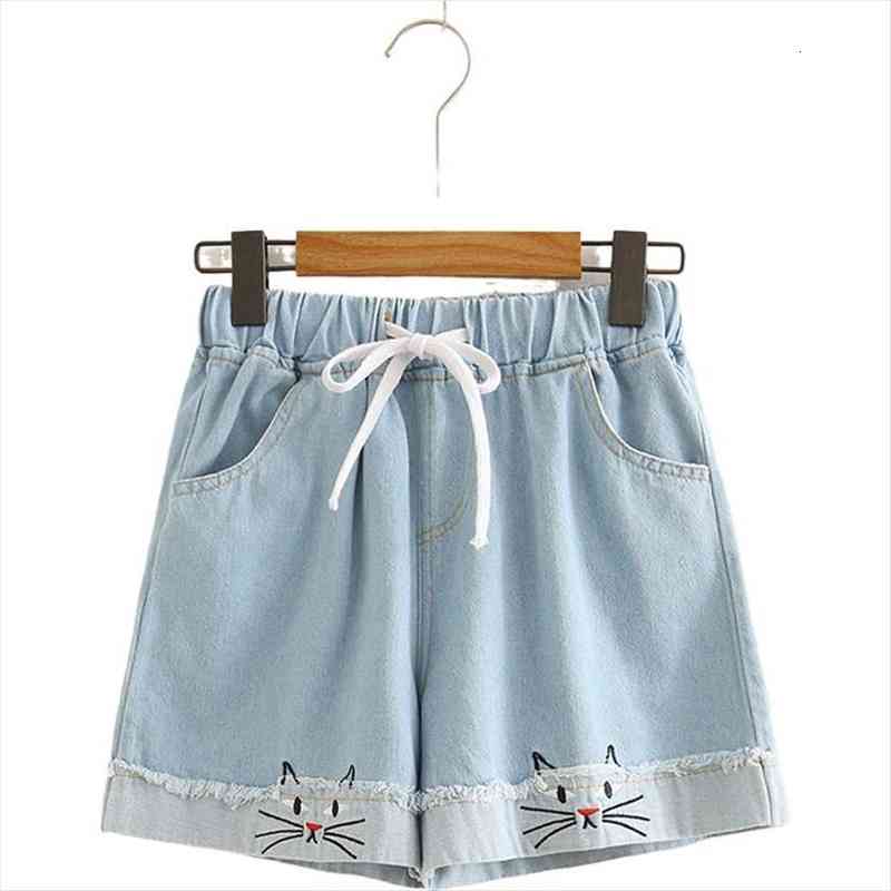 

cartoon cat embroidery denim shorts hight waist cotton casual femme jeans short elastic wais shorts summer womens clothing, Blue