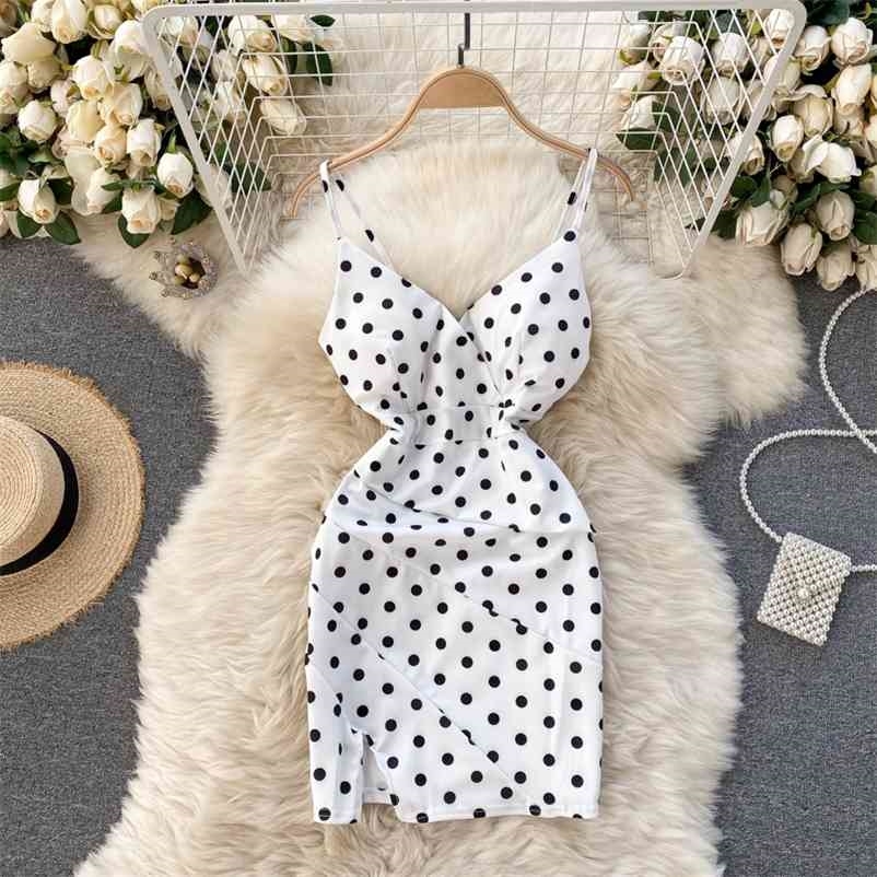 

Women Sweet Wave Point Waist Split Suspender Dress V-neck High Slim Fashion Spring Summer 11B318 210525, White