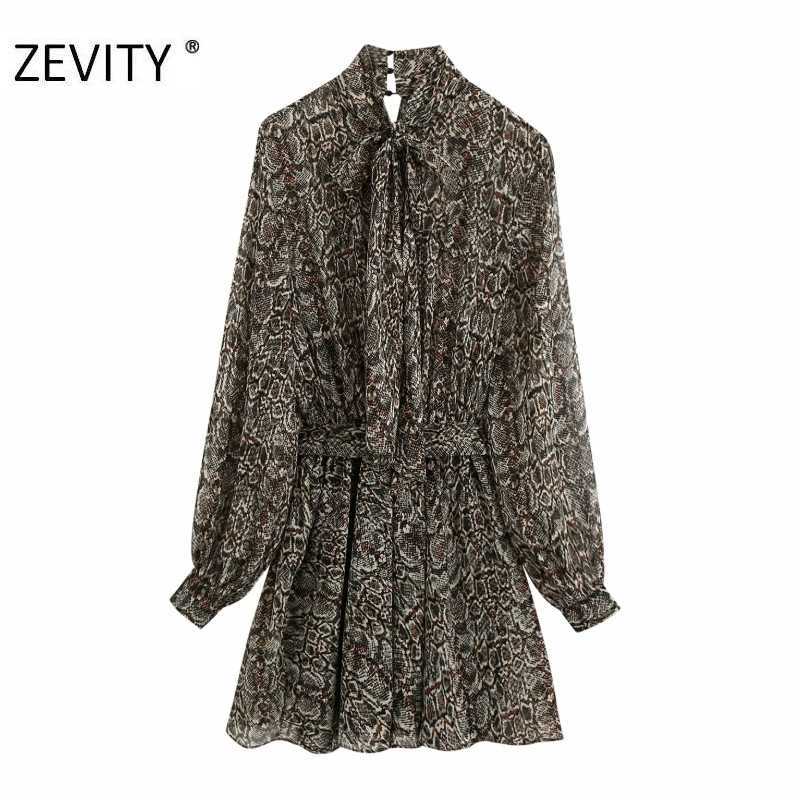 

ZEVITY women vintage snake skin print sashes chiffon mini dress chic ladies long sleeve bow collar vestido casual dresses DS4446 210603, As pic ds4446bb