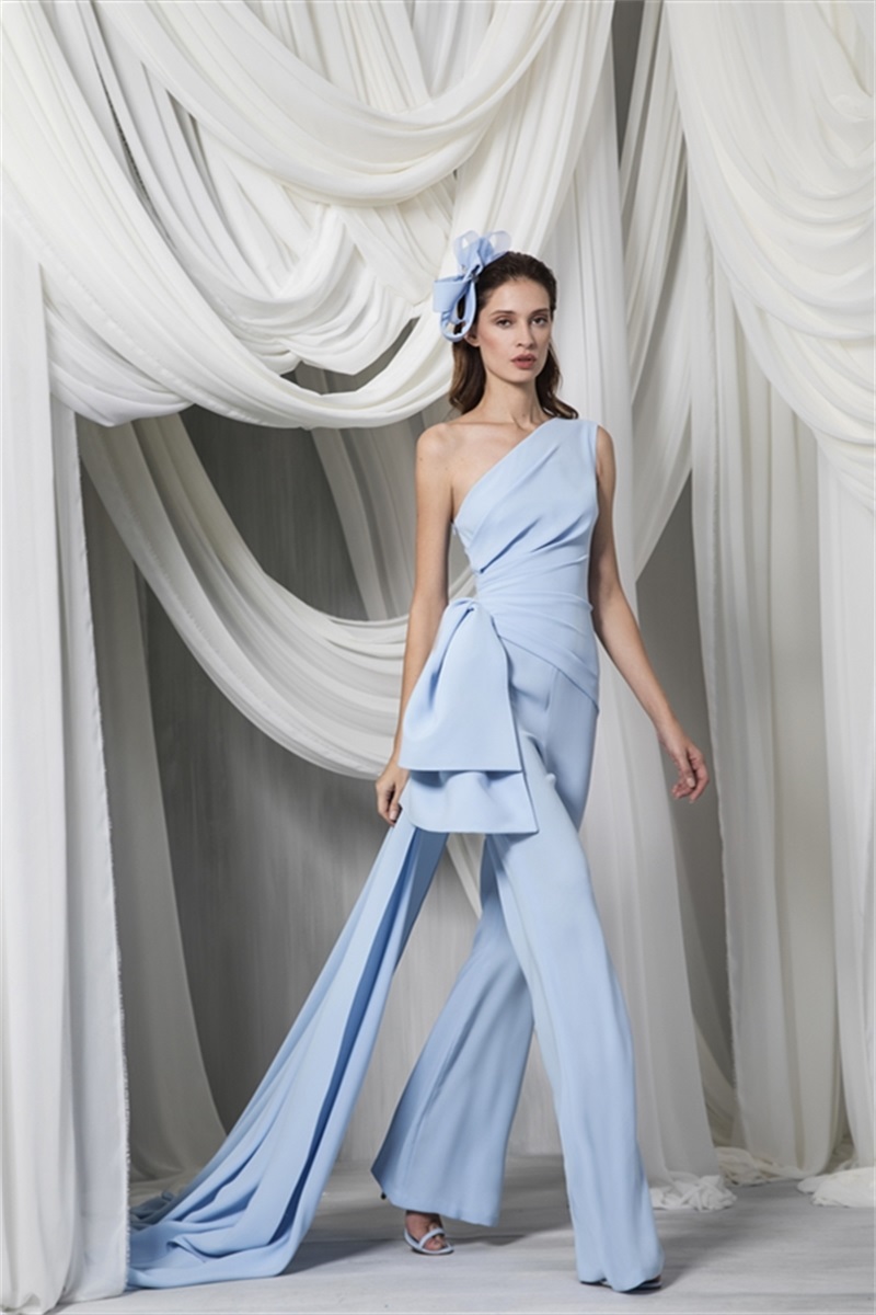 

Arabic One Shoulder Jumpsuit Evening Dresses 2022 ligth Sky Blue Peplum side train Pant Suits Occasion Prom Gown, Pink