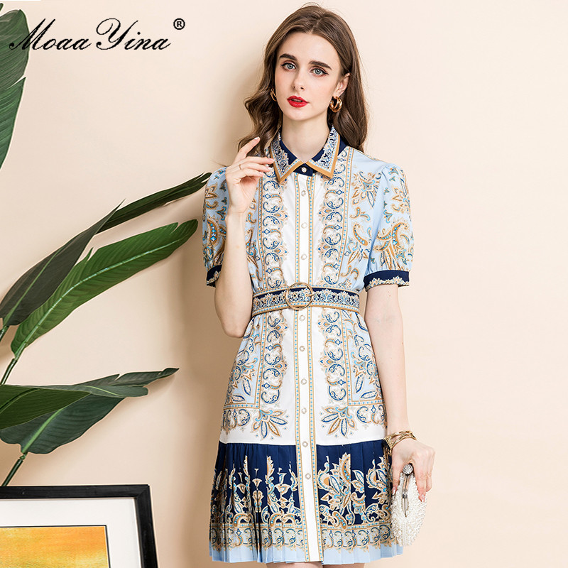 

Fashion Designer Summer vintage Shirt style Mini Dresses Women's Turn-down Collar Sashes Floral print Short Dress 210524, Multi
