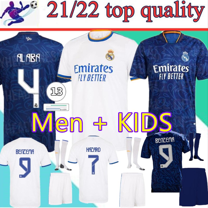 

MEN Kids +Socks Real Madrid away Soccer Jersey Fourth 20 21 22 HAZARD ASENSIO RAMOS ALABA MODRIC MARCELO Camiseta 2021 2022 VINI JR BENZEMA Player Football Shirts, 21/22 shirt