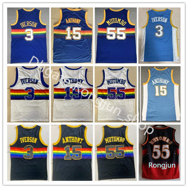 

Retro Mitchell and Ness 3 Allen Basketball Iverson Jersey Stitched 15 Carmelo 55 Dikembe Anthony Mutombo Jerseys Shorts White Black Blue M&N Vintage, As picture