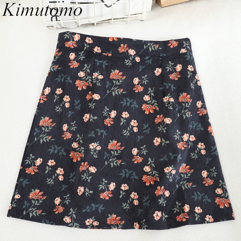 

Kimutomo Vintage Floral Skirt Women Spring Autumn French Style Ladies High Waist Wild A-line Mini Skirt Outwear Elegant 210521, Dark blue