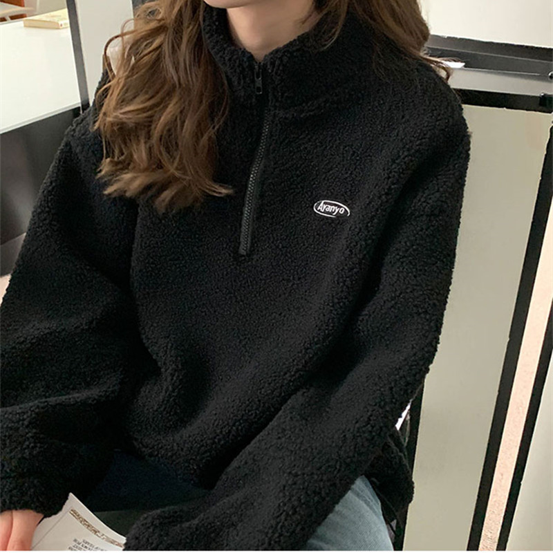 

3colors 2021 korean style Women Winter lamb fur Coats Warm Casual embroidery thick warm jackets womens (X1726), Black;brown