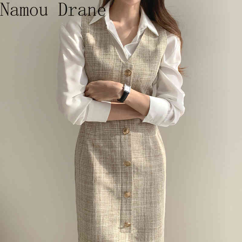 

Women Two Piece Sets Outfits Autumn Long Sleeve Blouses and High Waist Tank Dress Korean Style Office 2 210429, Sky blue