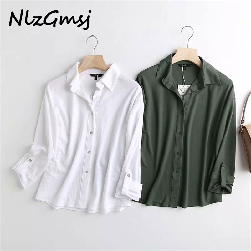 

Nlzgmsj england style simple solid roll up sleeve loose blouse women blusas mujer de moda shirt and tops 210628, As picture