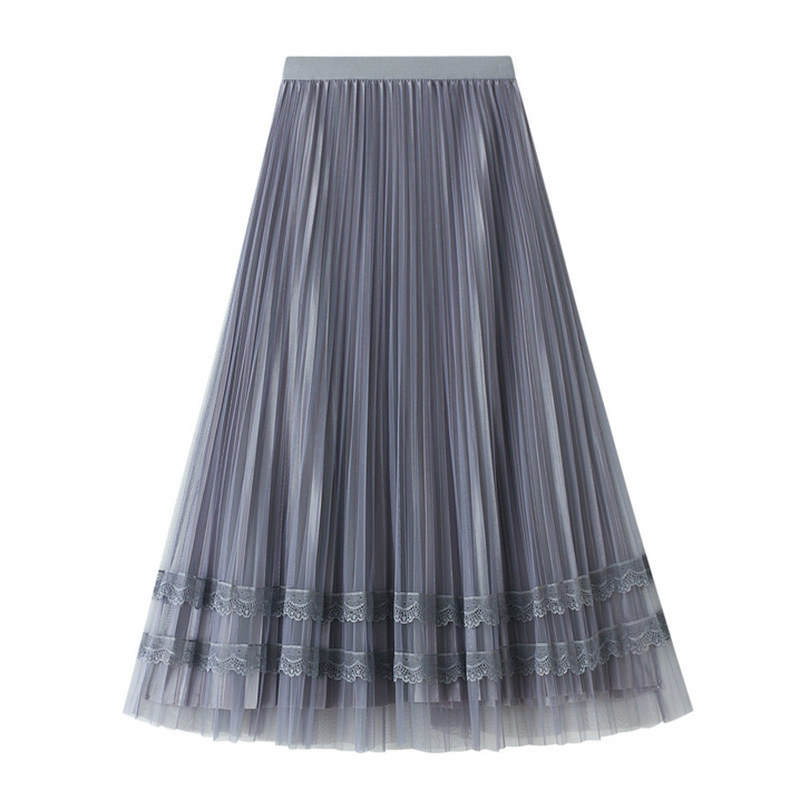 

Spring summer Tulle Skirts Womens Midi Pleated Skirt Women Fashion Elastic High Waist Mesh Tutu 210524, Gray