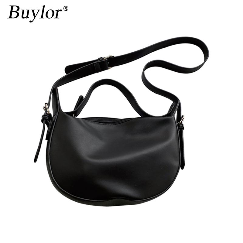 

Buylor Women Shoulder Bag All Match Soft Leather Wide Band Saddle Casual Large Capacity Dumpling Handbag Lady Messenger Bags, Black