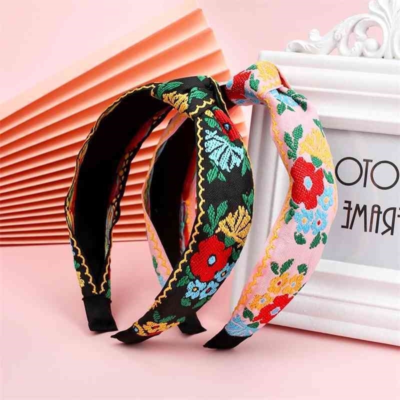 

hot selling embroidery New floret wide edge knot hoop ins women's fabric woven headband hair ornament