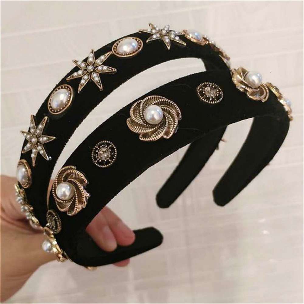 Baroque new fashion personality diamond pearl hairband Wide Brim Sun Flower Headband-image-695840222