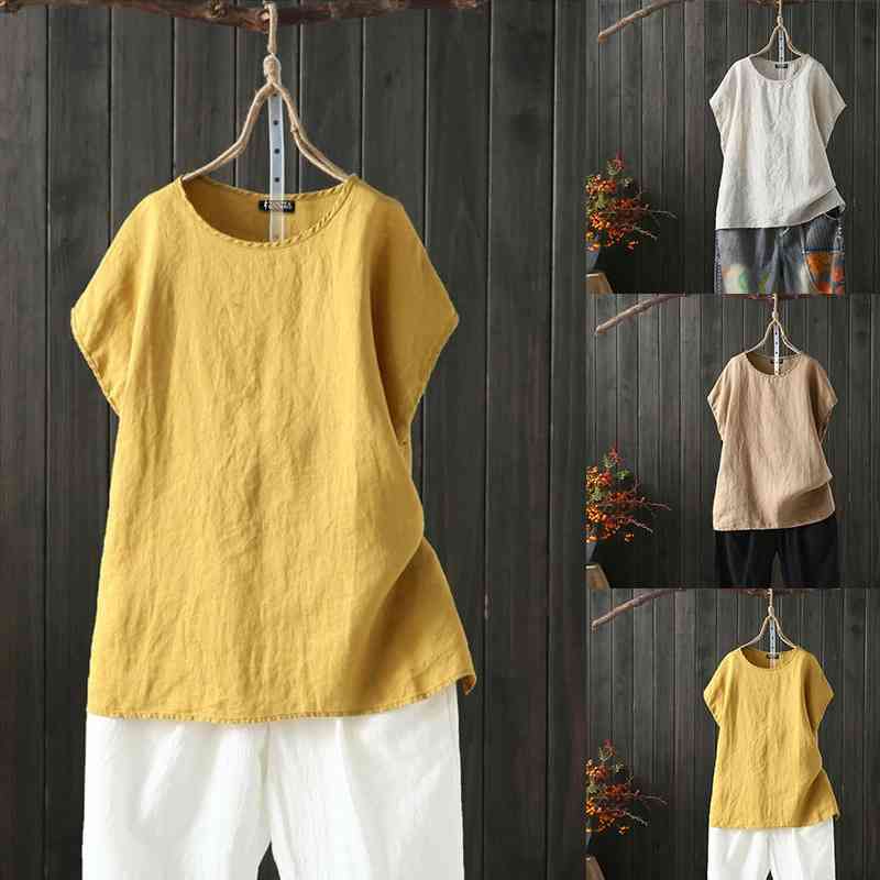

Cotton Linen Blouse Summer Short Sleeve Casual Shirt Women Tops Loose Blusa Mujer Vetement Femme Fashion Plus Size Blouses 210603, Yellow