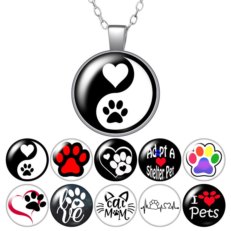 

Lovely Footprint Cat Dog Love Pets Round Pendant Necklace 25mm Glass Cabochon Silver Color Jewelry Women Birthday Gift 50cm
