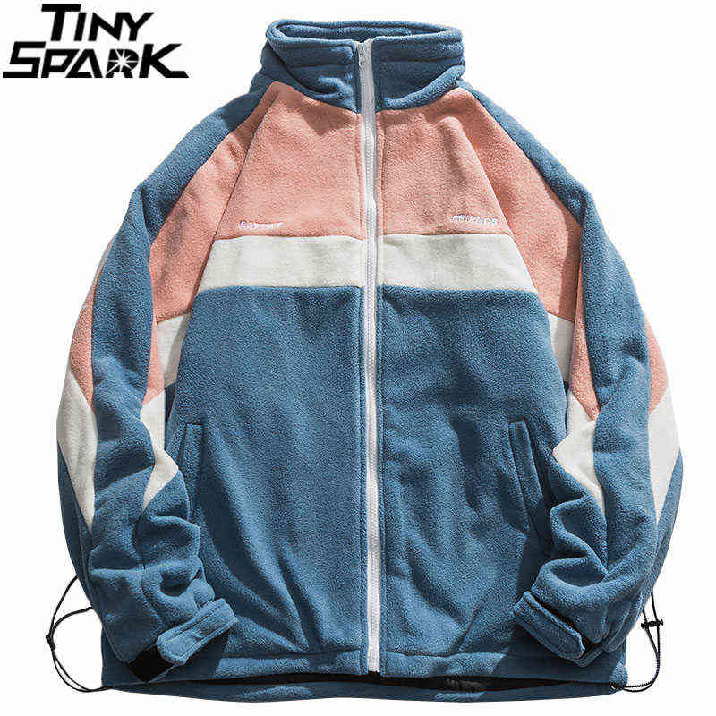 

Hip Hop Color Block Patchwork Jacket Streetwear Embroidery Letter Furry Jacket Coat 2021 Men Autumn Harajuku Cotton Jacket Coat Y1106, A2003528 white