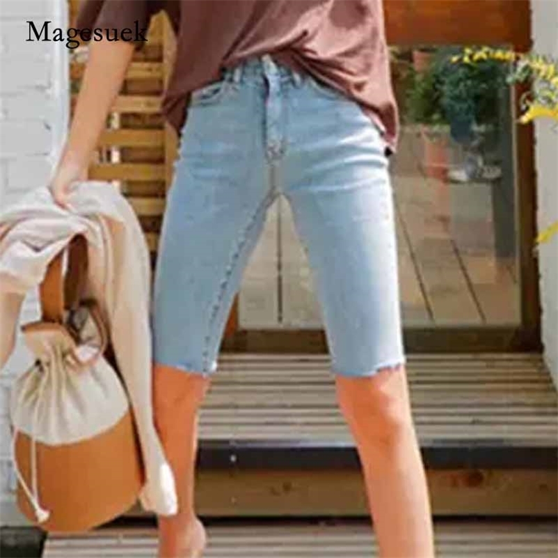 

Colorfaith Denim Streetwear High Waist Casual Straight Trousers Skinny Knee Length Wild Pants Women Summer Jeans 10421 210518, White