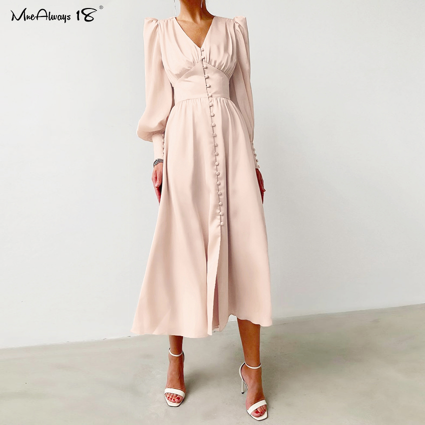 

2021mnealways18 puff sleeve vintage satin midi dress women v-neck party pleated dress black elegant bodycon dress ladies chic ruched, Black;gray