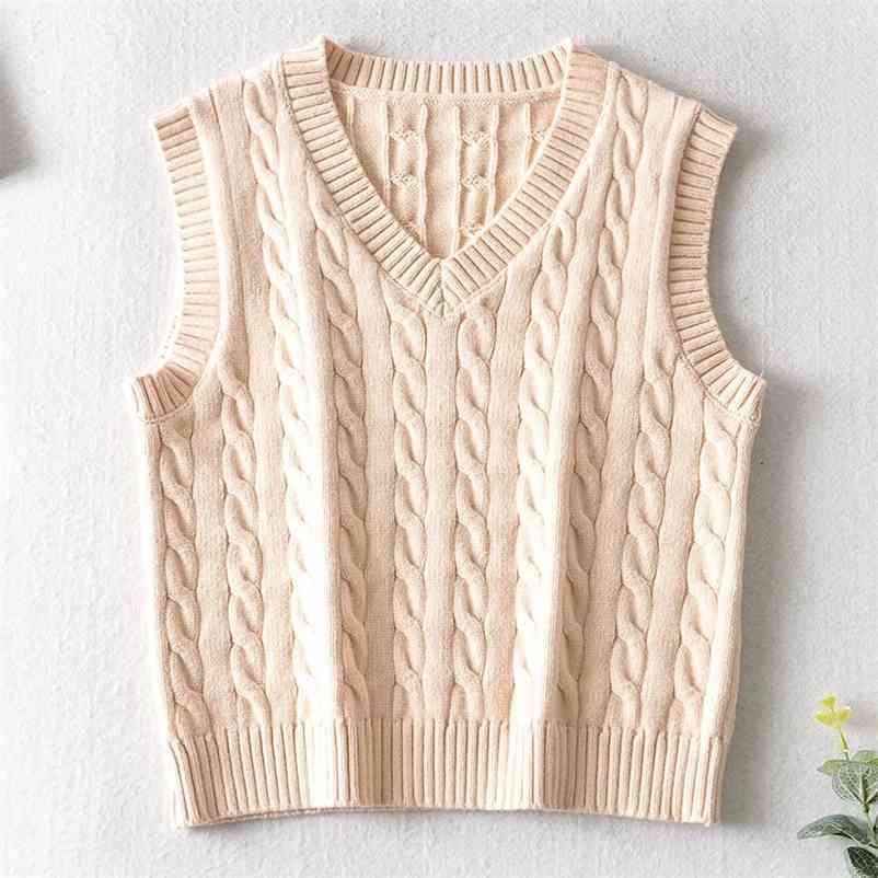 

Women knitted sweater vest Casual beige V-neck sleeveless waistcoat Spring Autumn coat 210524, Apricot