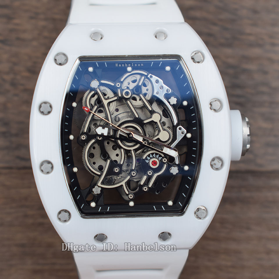 

wholesale 055 Ceramic Montre De Luxe Mens Watches Wristwatches Japan Miyota Automatic movement Skeleton dial White Rubber strap Hanbelson, Only box