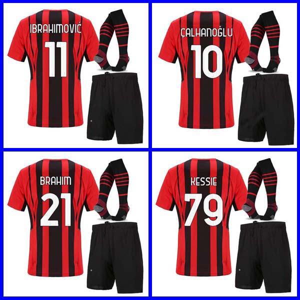 

AC milan 21 22 soccer jersey IBRAHIMOVIC PAQUETA BENNACER ROMAGNOLI CALHANOGLU 2021 2022 football set shirt TONALI REBIC maillot men + kids kit boys with socks, 21 22 home kids +sock