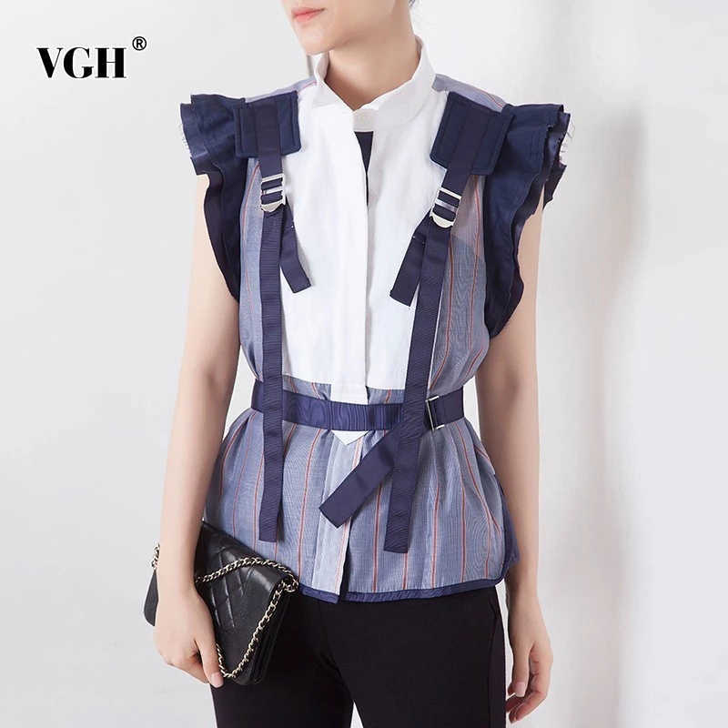 

VGH Striped See Through Shirt For Women Stand Collar Short Sleeve Patchwork Ruffle Casual Blouse Female Fashion Summer 210721, Blue